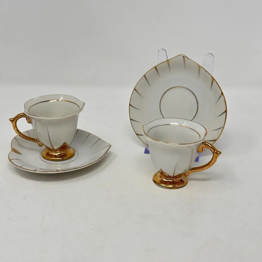 Vintage Inarco Japan White Gold Leaf Demitasse Teacup Saucer Set 2pc E-168-3